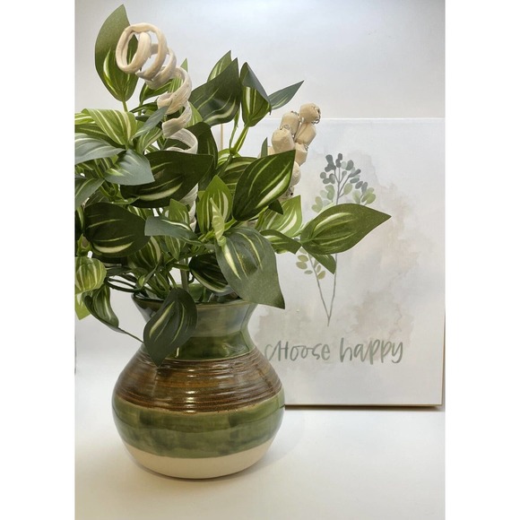 Studio Art Pottery Vase Hand Painted in Green with Textured Brown Stripes - Picture 1 of 11